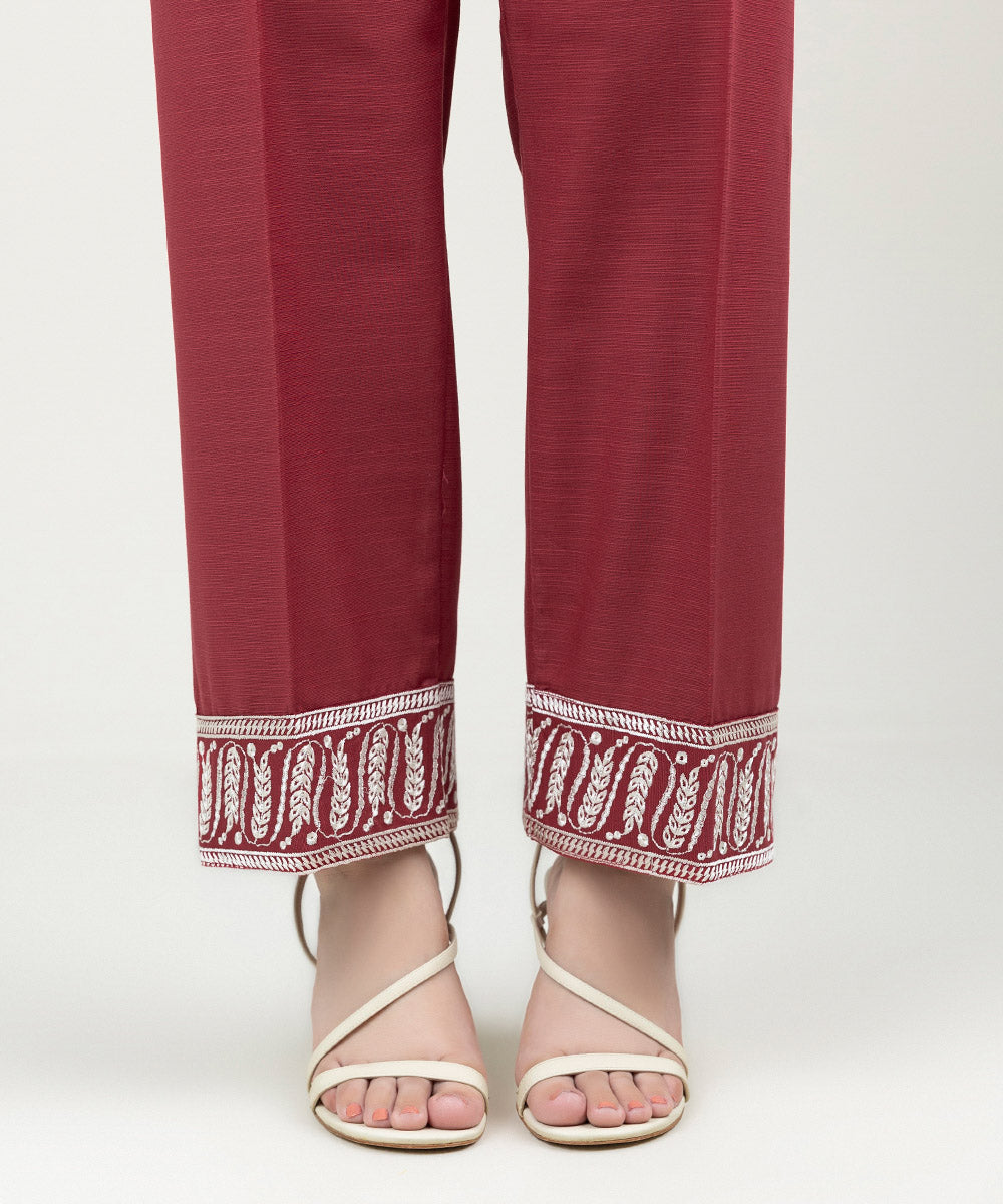 Women's Pret Khaddar Embroidered Deep Red Straight Pants