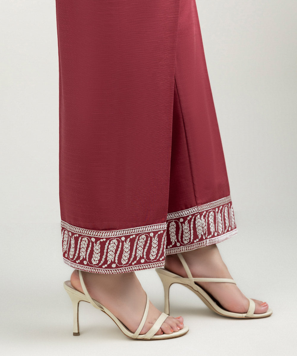 Women's Pret Khaddar Embroidered Deep Red Straight Pants