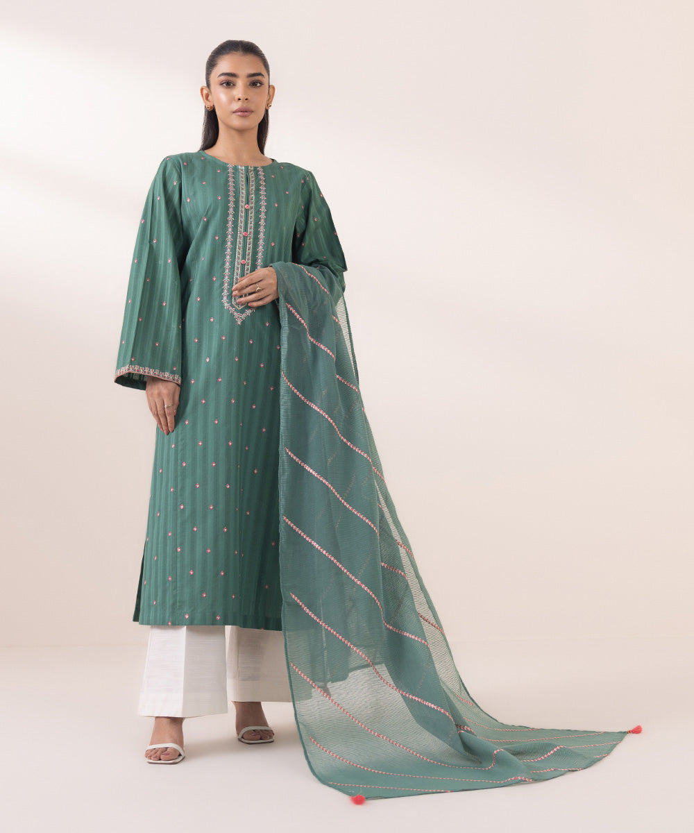 Blended Textured Karandi Green Embroidered Dupatta