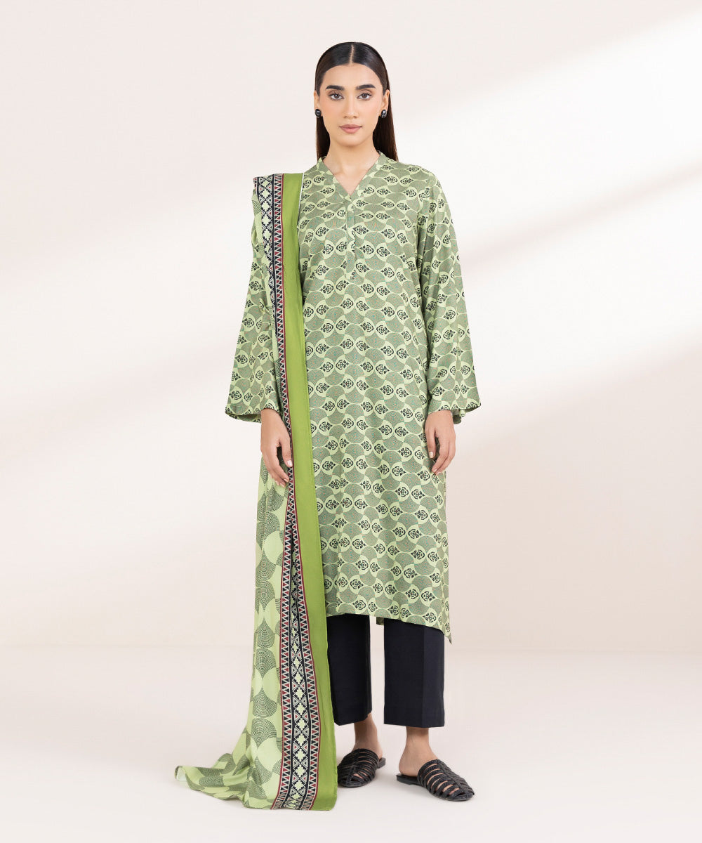 Dull Raw Silk Printed Apple Green Dupatta