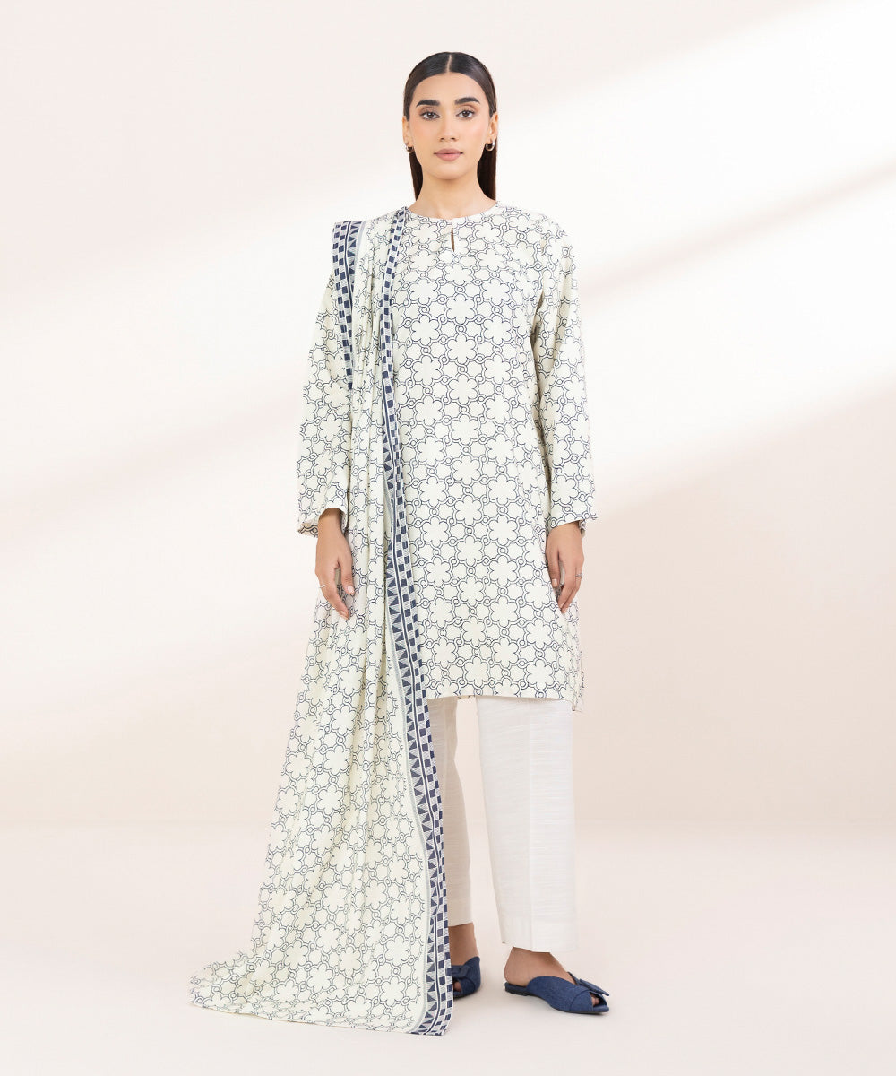 Dull Raw Silk Printed White Dupatta