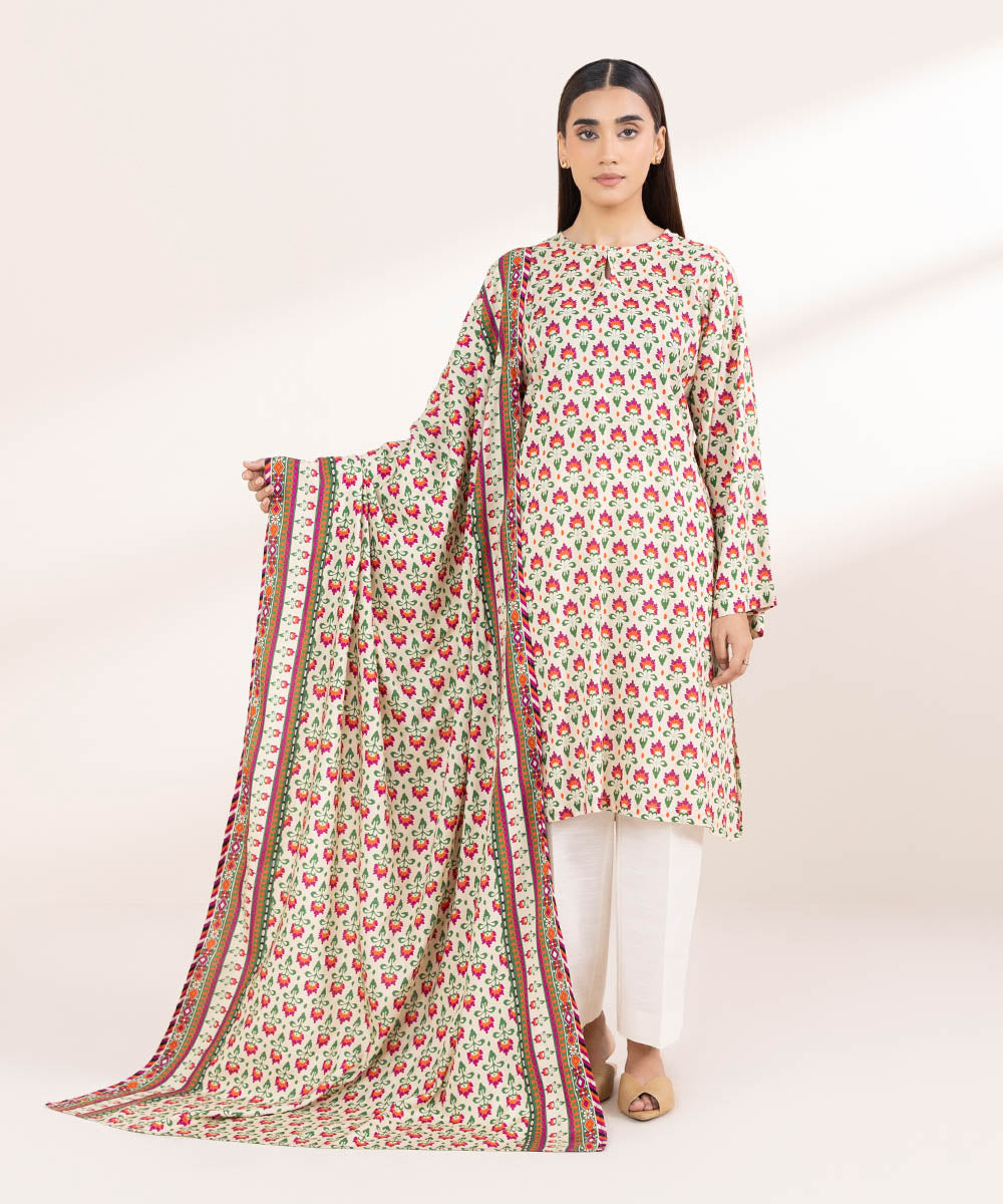 Dull Raw Silk Printed Cream Dupatta