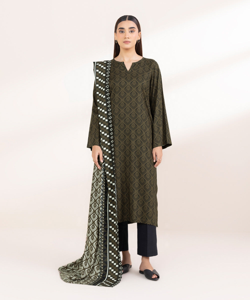 Dull Raw Silk Printed Olive Dupatta