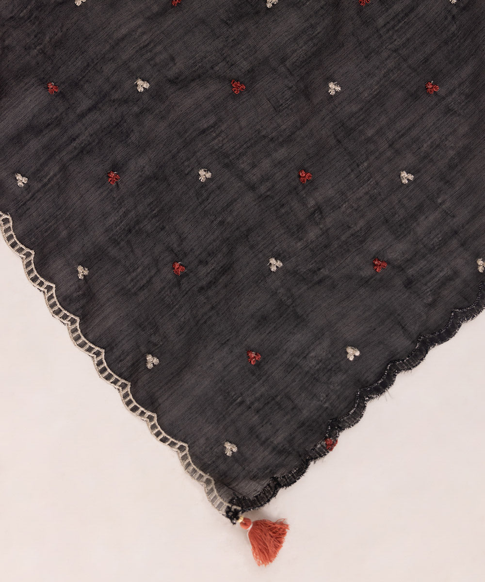 Dull Raw Silk Embroidered Black Dupatta