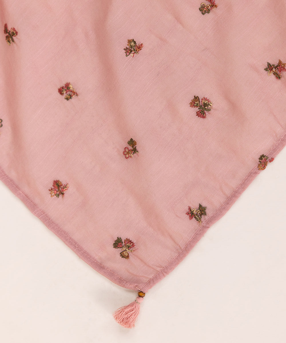 Dull Raw Silk Embroidered Tea Pink Dupatta