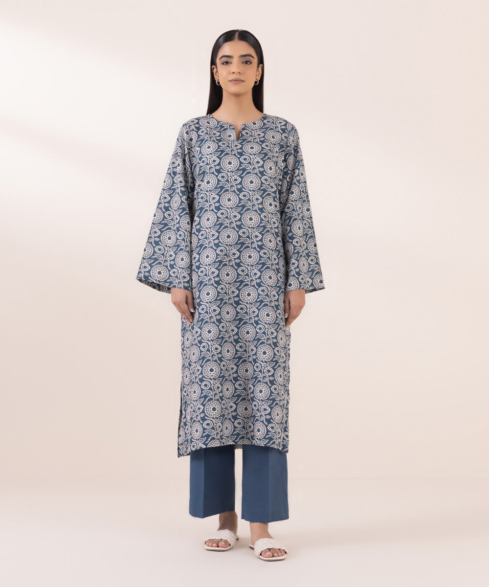 Women's Pret Khaddar Blue Printed Straight Shirt