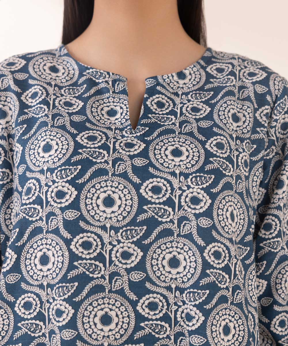 Women's Pret Khaddar Blue Printed Straight Shirt