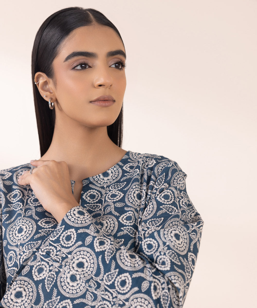 Women's Pret Khaddar Blue Printed Straight Shirt