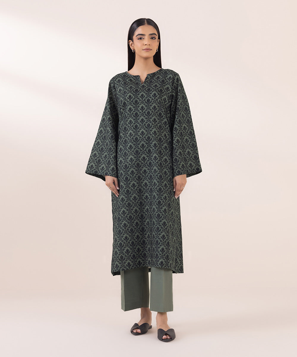 Women's Pret Khaddar Green Printed Straight Shirt