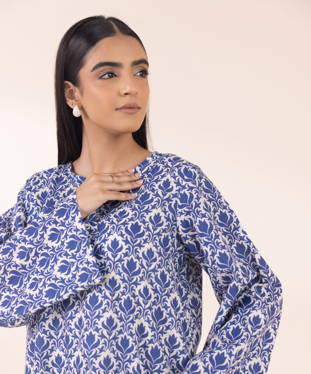 Women's Pret Khaddar Blue Printed Straight Shirt