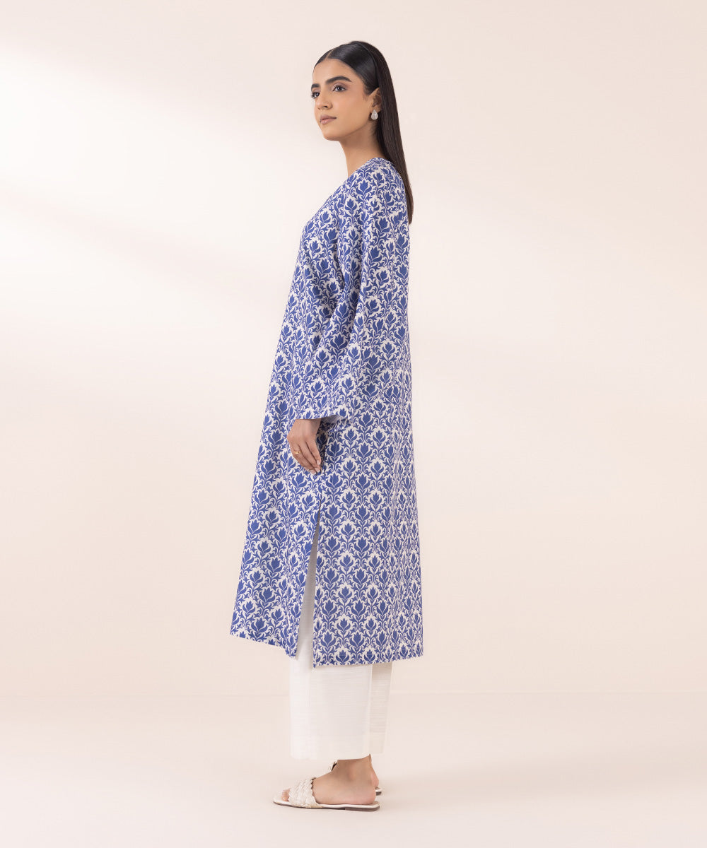 Women's Pret Khaddar Blue Printed Straight Shirt