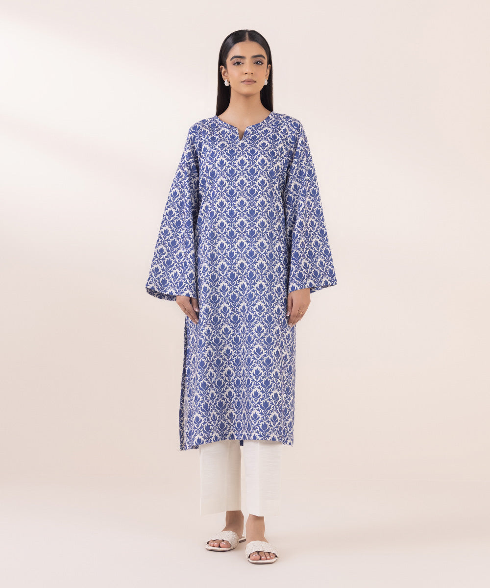 Women's Pret Khaddar Blue Printed Straight Shirt