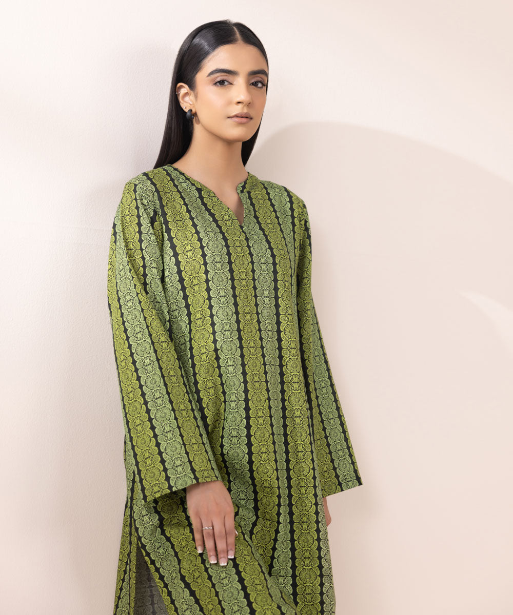 Women's Pret Khaddar Green Printed Straight Shirt