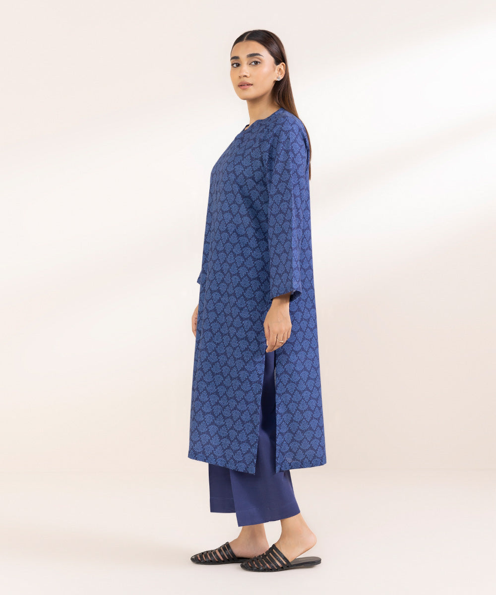 Women's Pret Khaddar Blue Printed A-Line Shirt