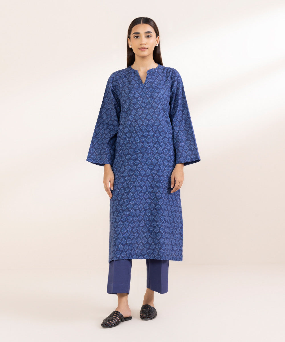 Women's Pret Khaddar Blue Printed A-Line Shirt