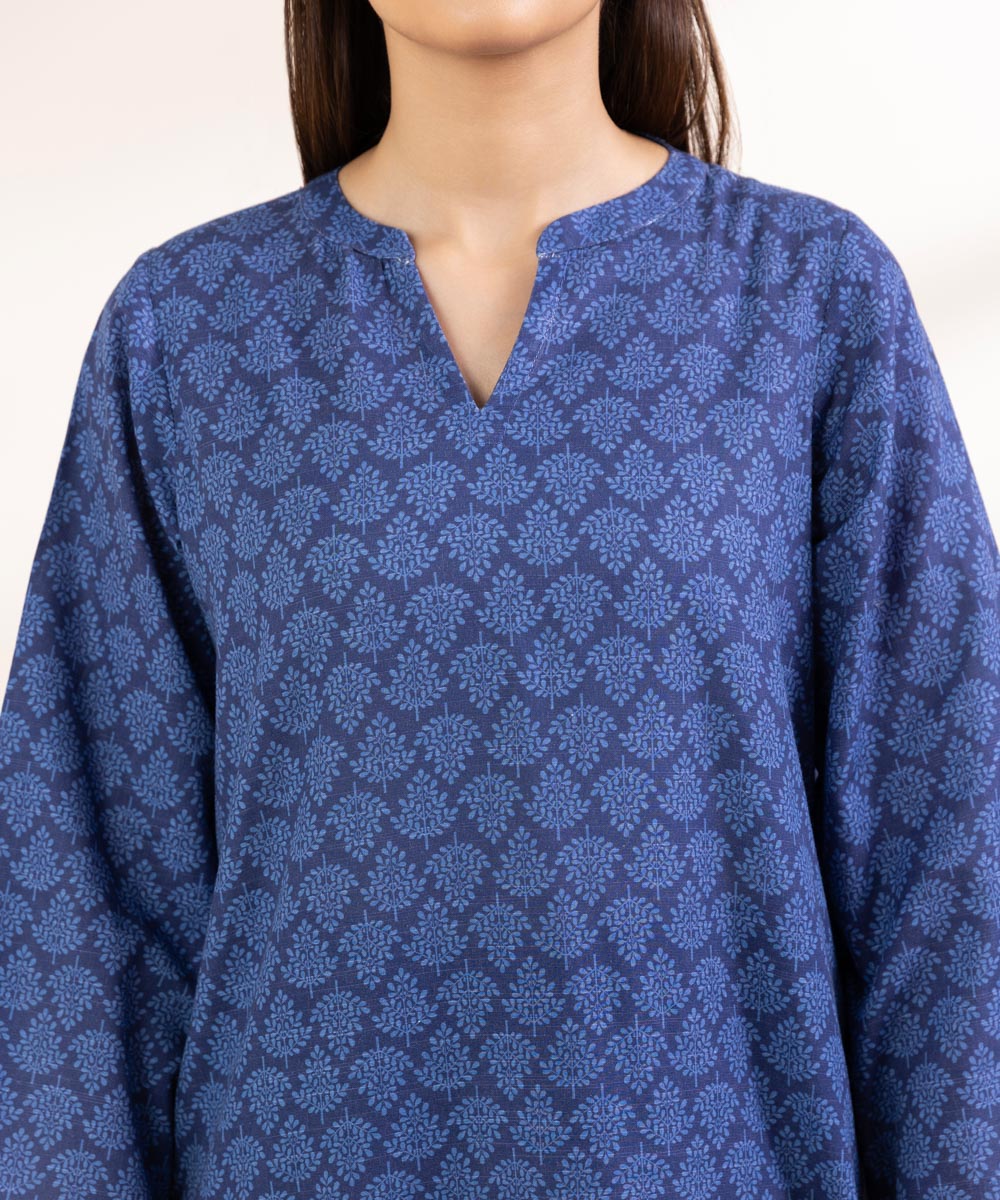 Women's Pret Khaddar Blue Printed A-Line Shirt