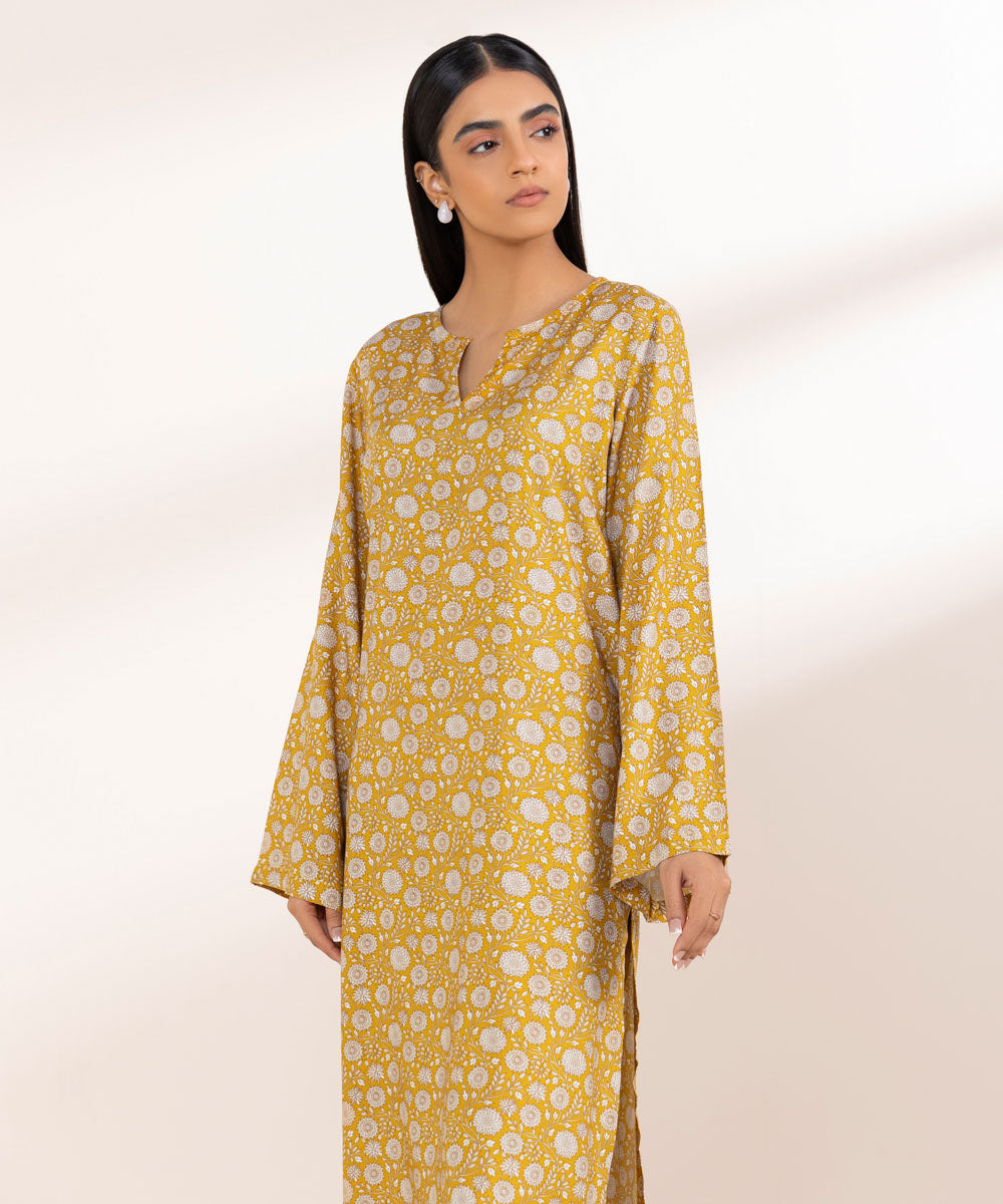 Women's Pret Linen Yellow Printed Straight Shirt