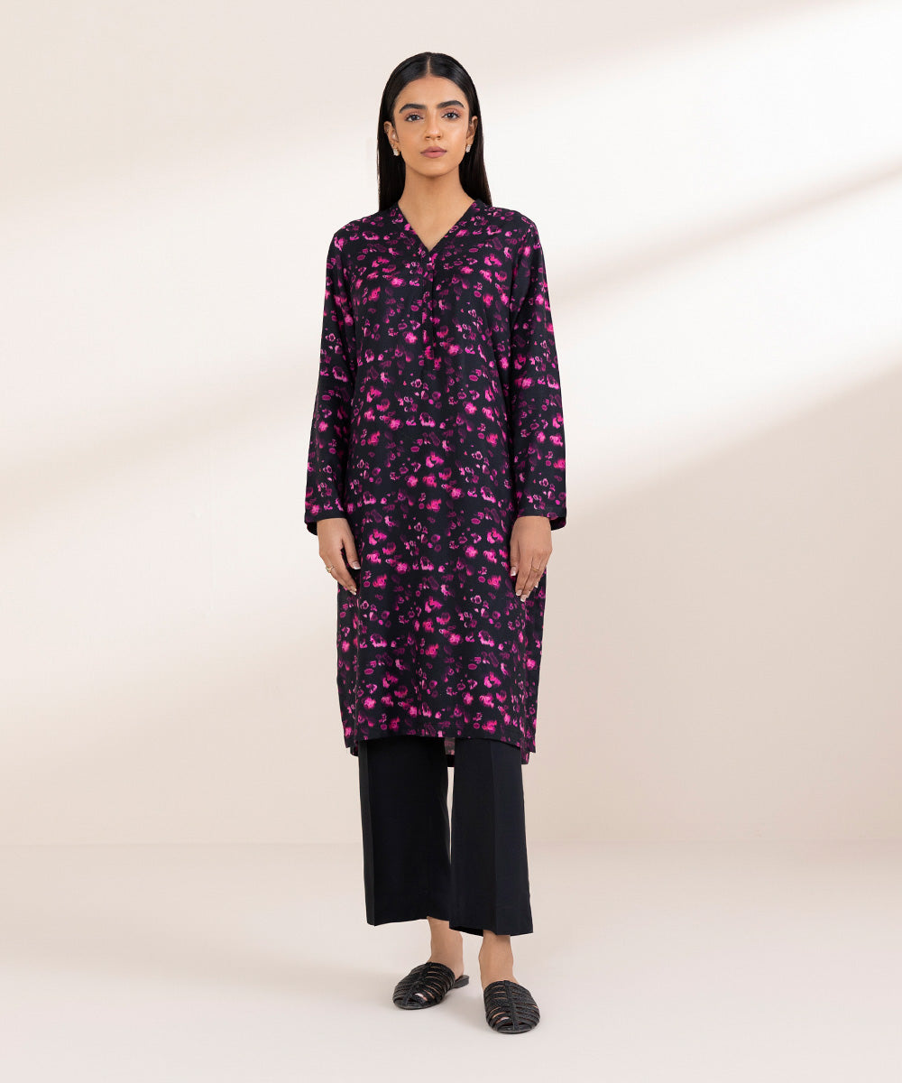 Women's Pret Linen Black Printed Straight Shirt