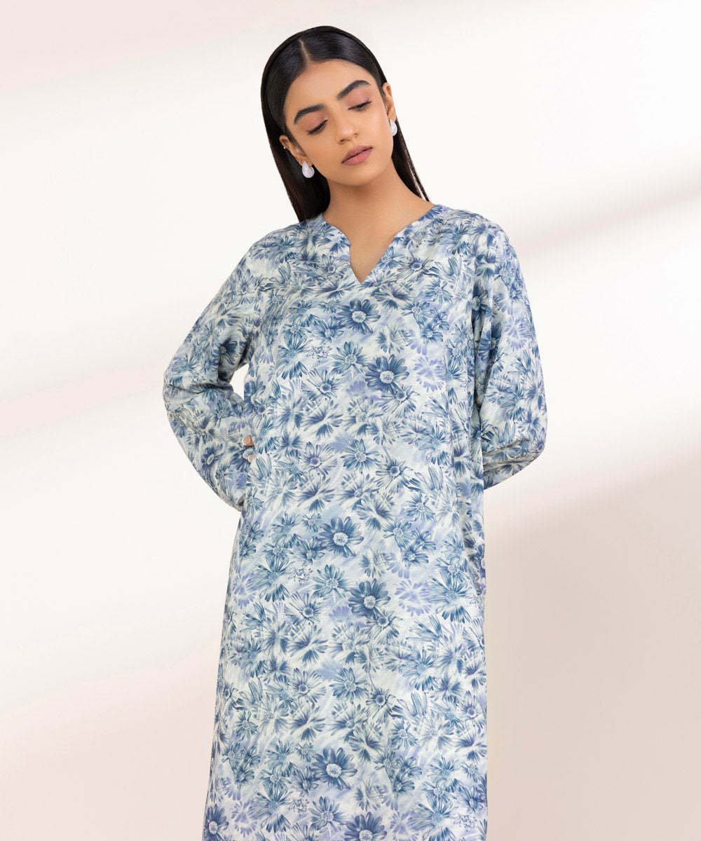 Women's Pret Linen Blue Printed A-Line Shirt