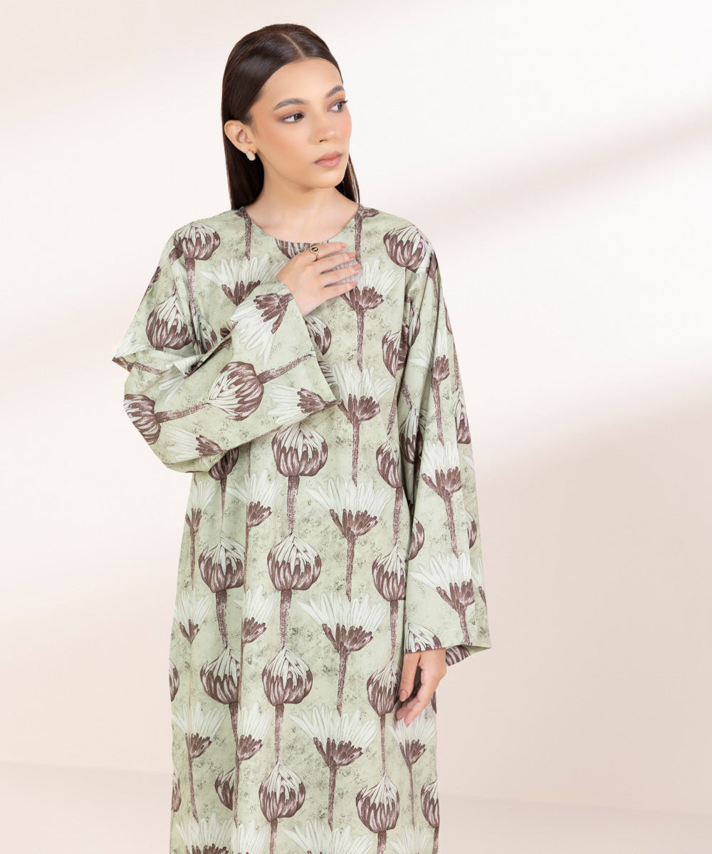 Women's Pret Cotton Viscose Printed Sage Green Boxy Shirt