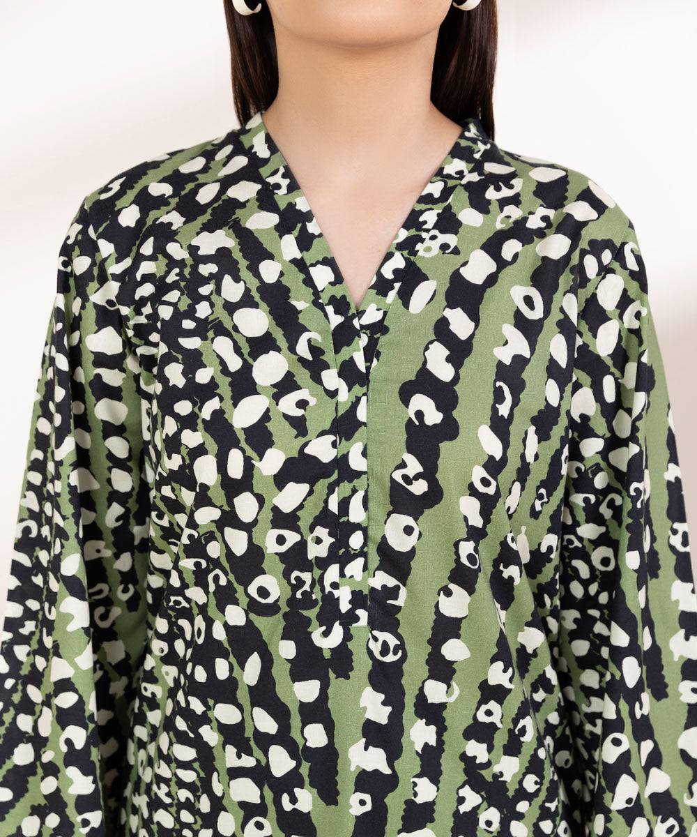 Women's Pret Cotton Viscose Printed Sage Green A-Line Shirt