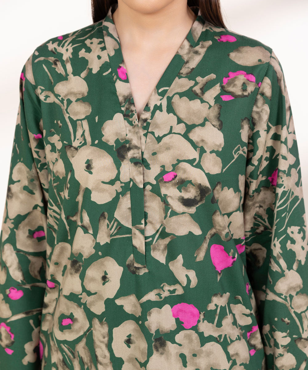 Women's Pret Cotton Viscose Printed Forest Green A-Line Shirt