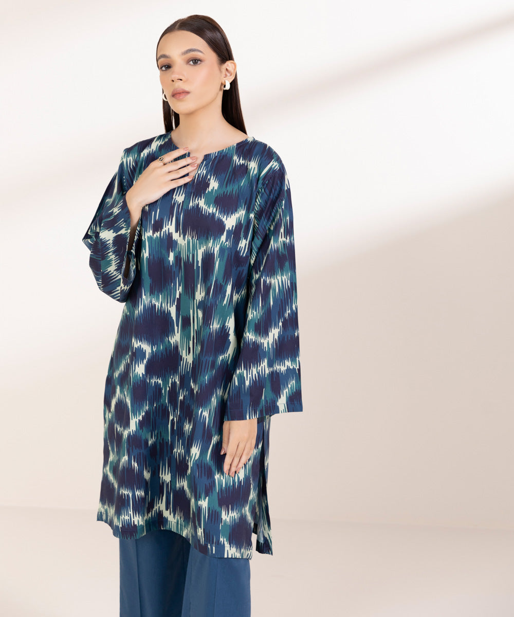 Women's Pret Cotton Viscose Printed Sea Green Boxy Shirt