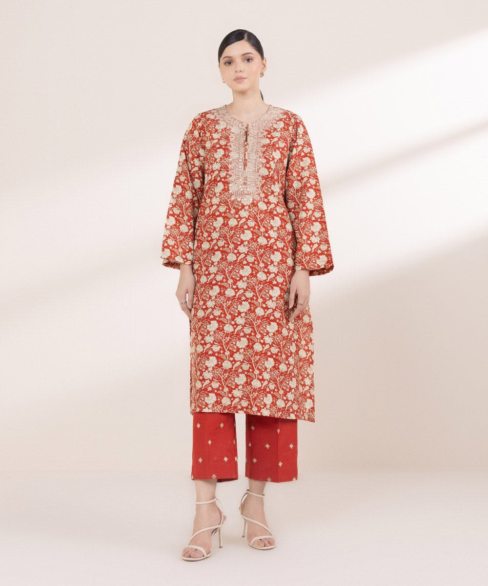 Women's Pret Khaddar Embroidered Red A-Line Shirt