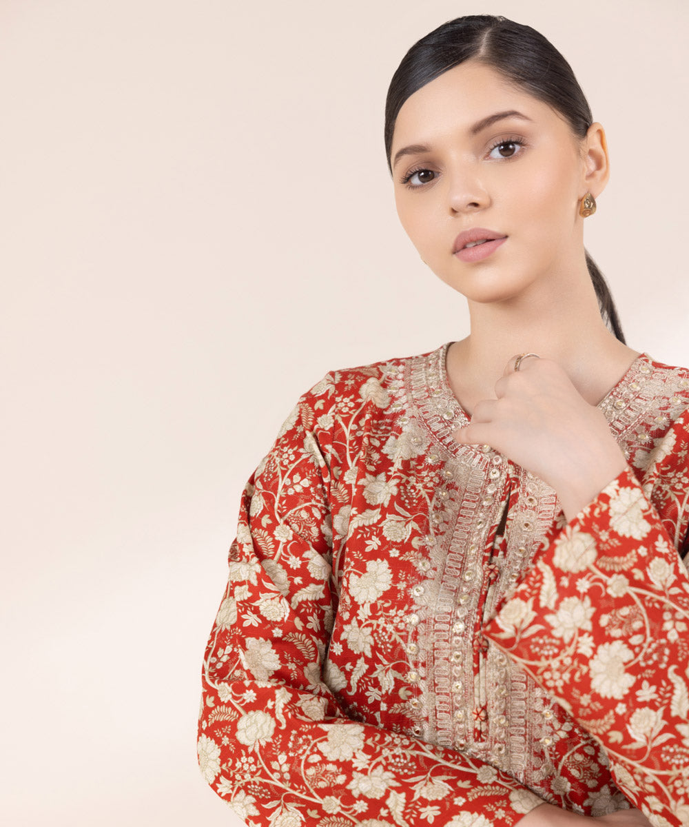 Women's Pret Khaddar Embroidered Red A-Line Shirt