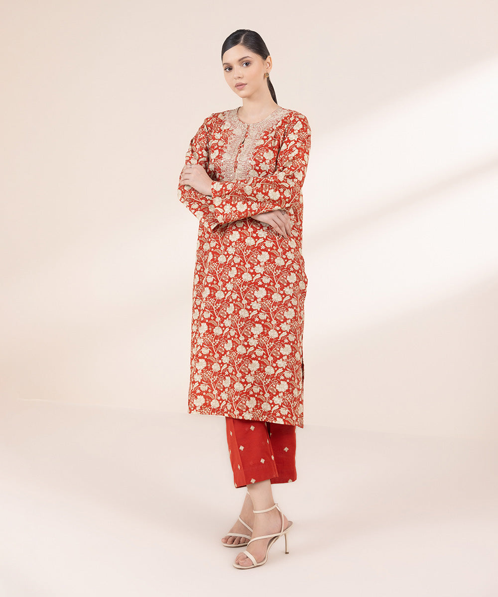 Women's Pret Khaddar Embroidered Red A-Line Shirt