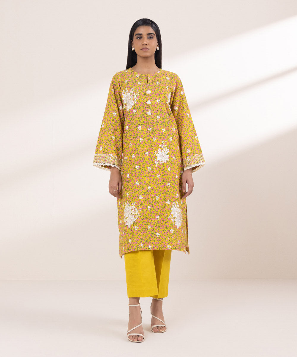 Women's Pret Khaddar Embroidered Golden Yellow A-Line Shirt