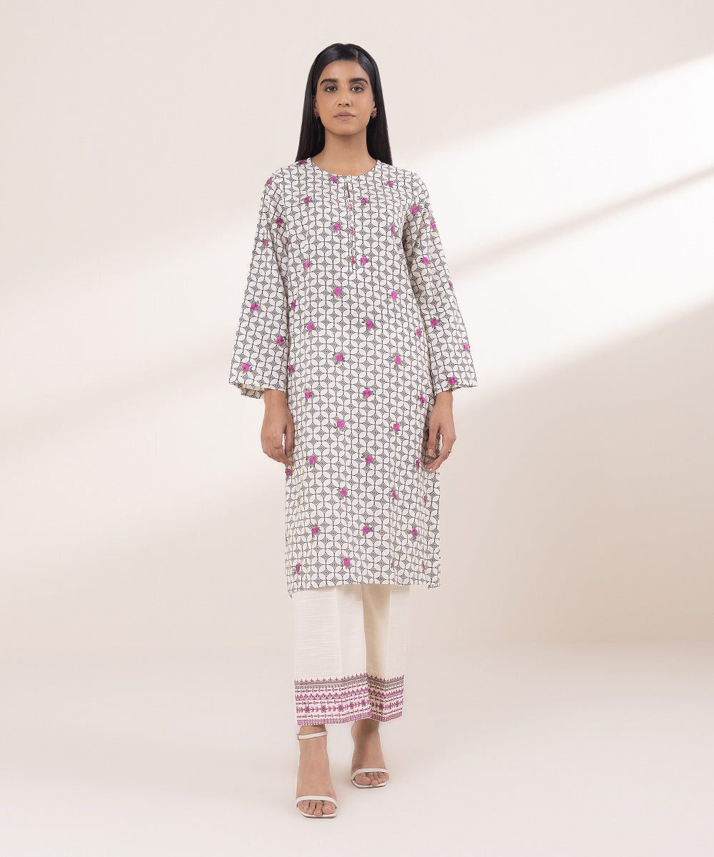 Women's Pret Khaddar Embroidered Cream White A-Line Shirt