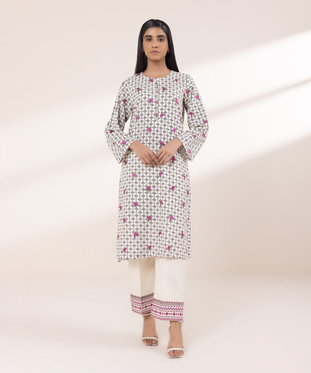 Women's Pret Khaddar Embroidered Cream White A-Line Shirt