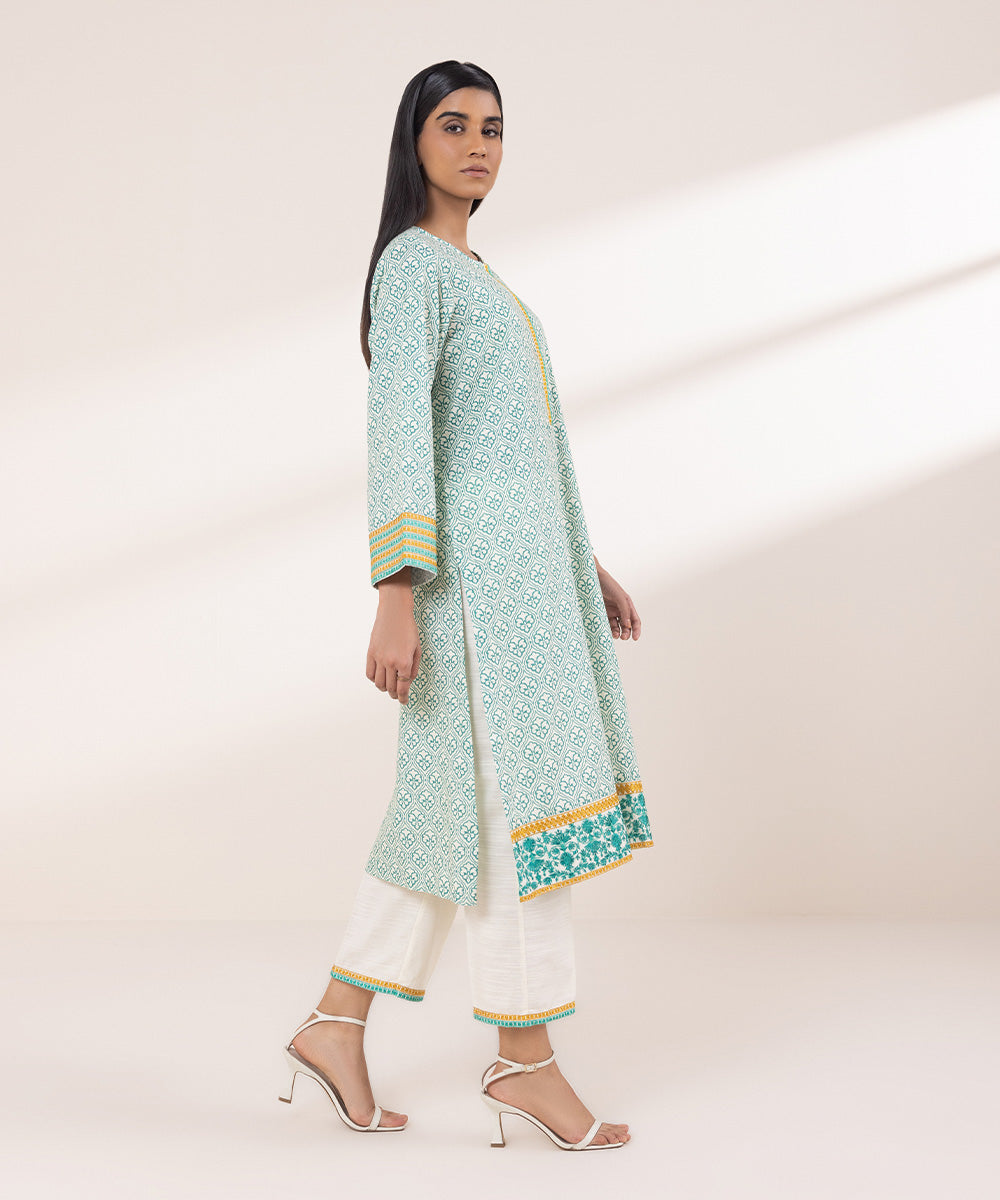 Women's Pret Khaddar Embroidered Off White And Mint Green A-Line Shirt