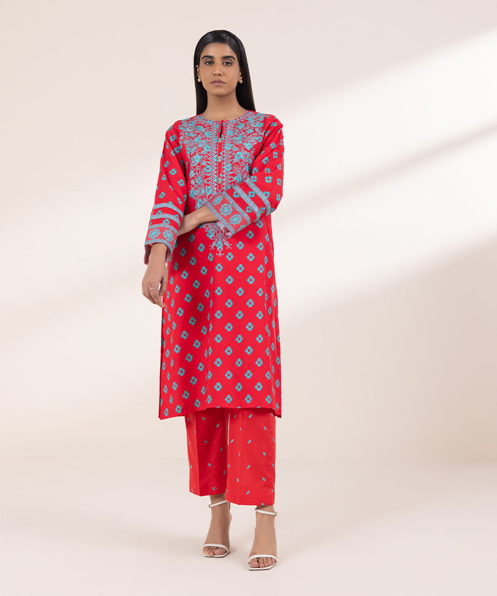 Women's Pret Khaddar Embroidered Pinkish Red Straight Shirt