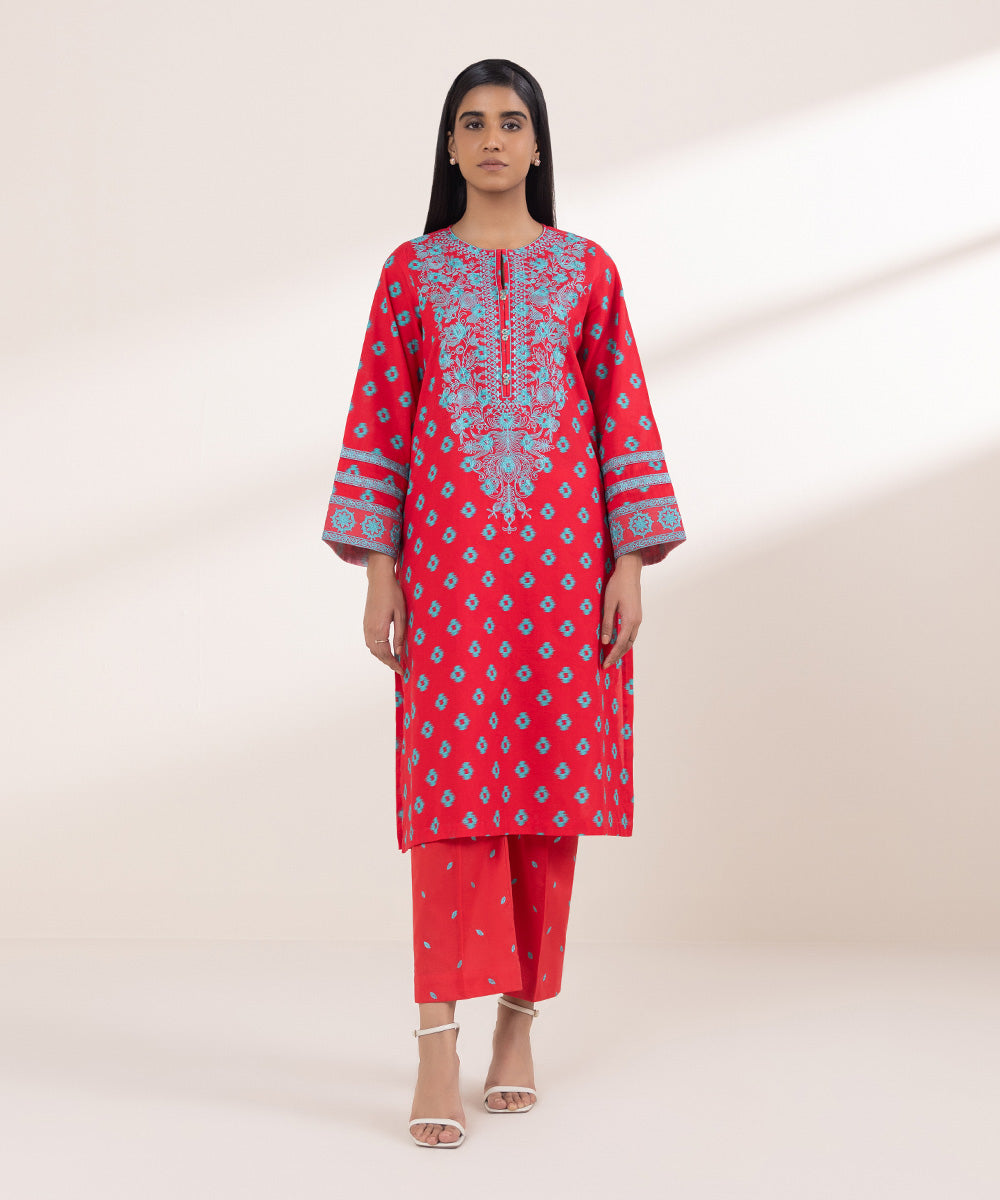 Women's Pret Khaddar Embroidered Pinkish Red Straight Shirt