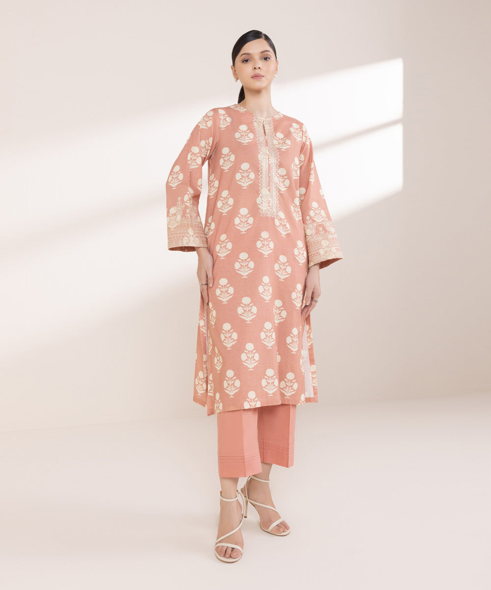 Women's Pret Khaddar Embroidered Tea Pink Straight Shirt