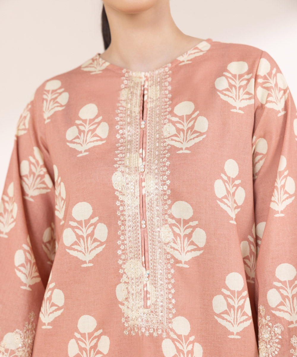 Women's Pret Khaddar Embroidered Tea Pink Straight Shirt