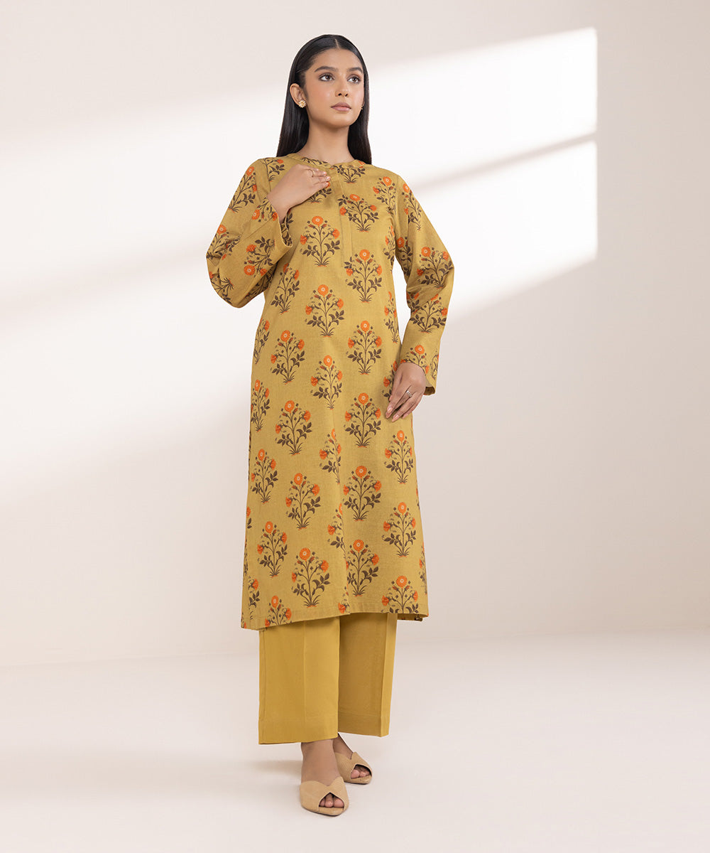 Women's Pret Khaddar Printed Mustard Brown A-Line Shirt