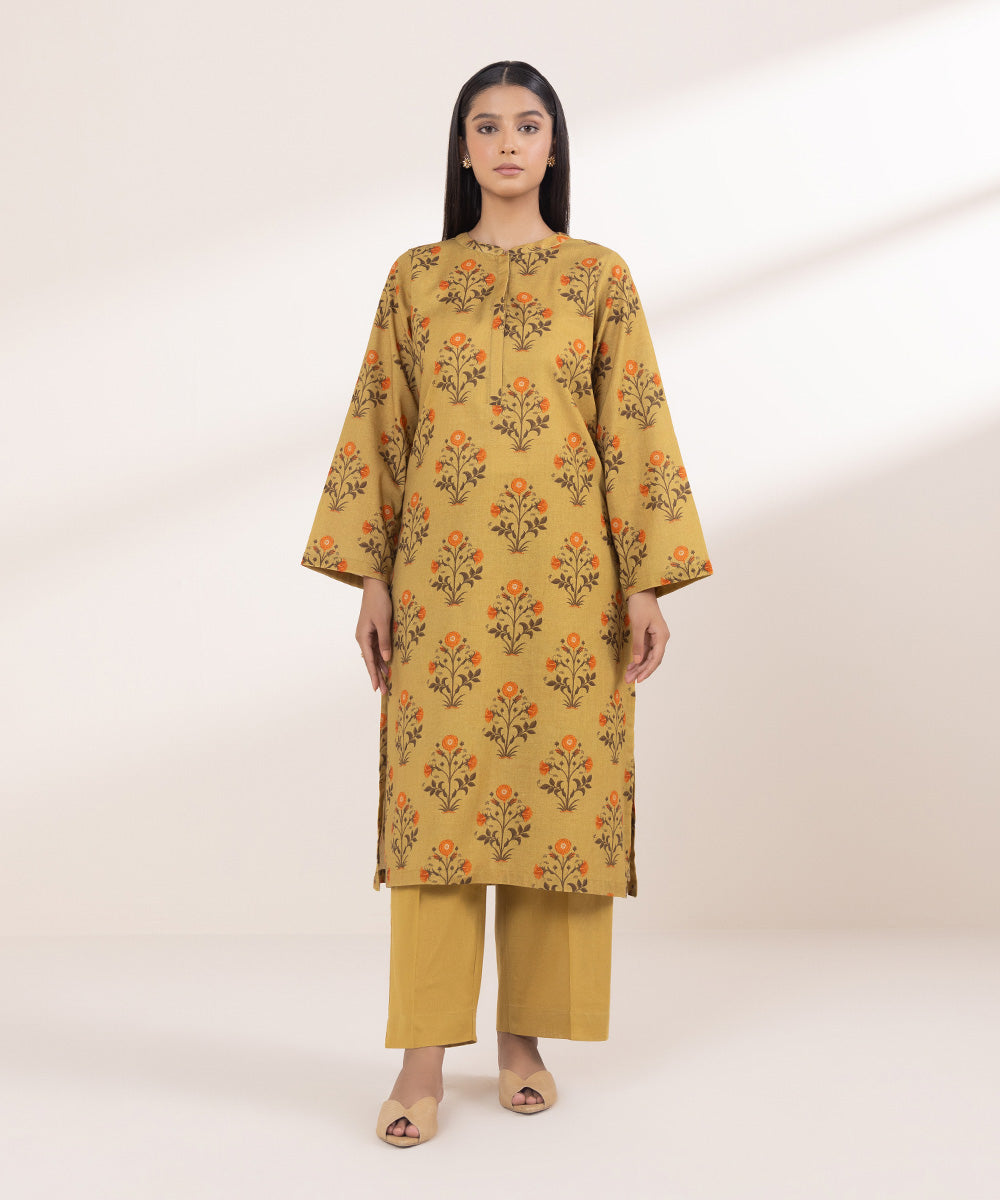 Women's Pret Khaddar Printed Mustard Brown A-Line Shirt