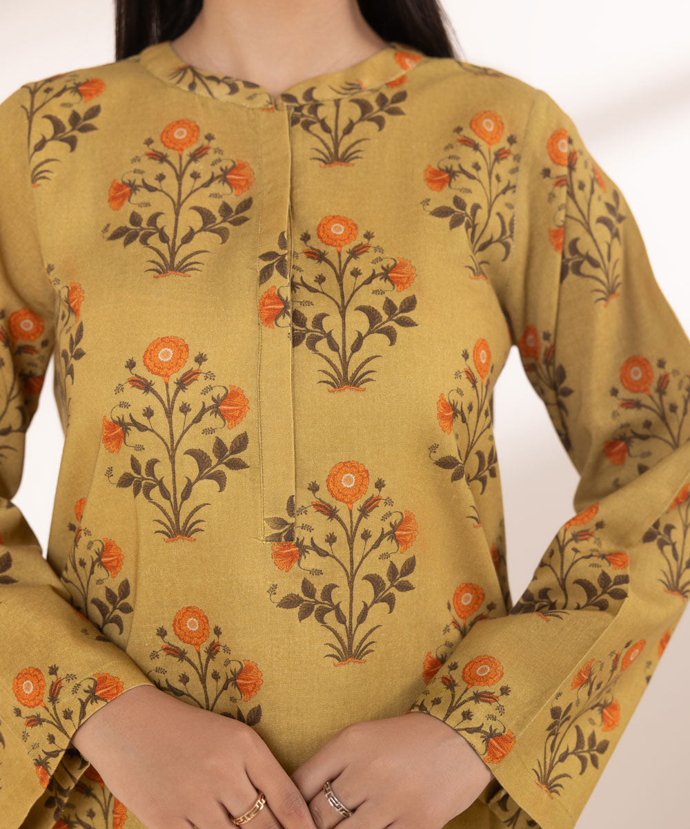 Women's Pret Khaddar Printed Mustard Brown A-Line Shirt