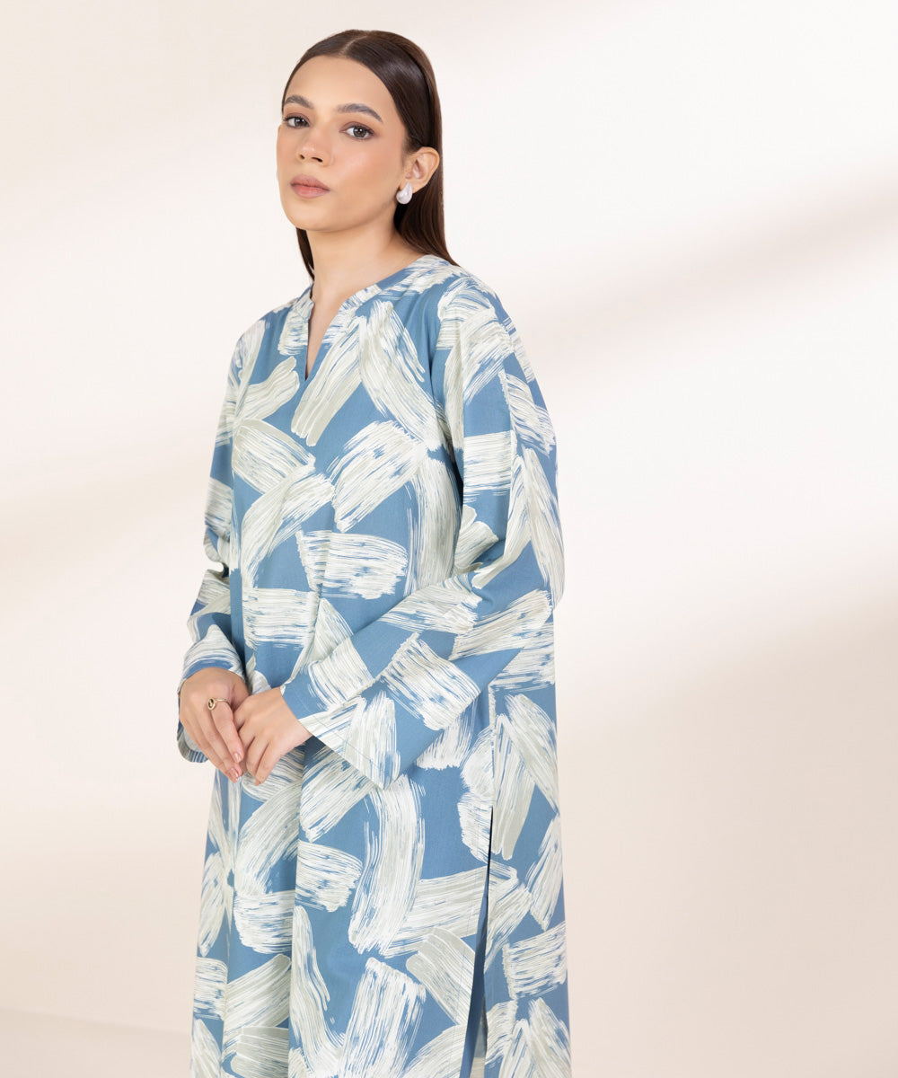 Women's Pret Cotton Viscose Printed Steel Blue Straight Shirt