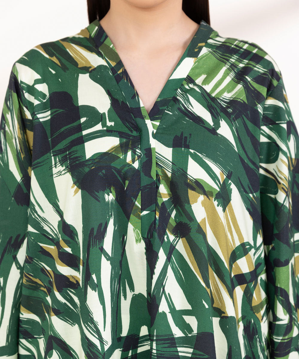 Women's Pret Cotton Viscose Printed Beige And Forest Green A-Line Shirt