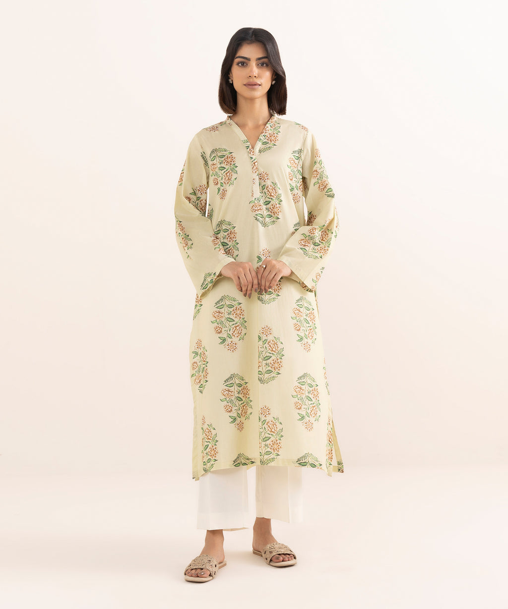 Women's RTW Lawn Beige Printed A-Line Shirt