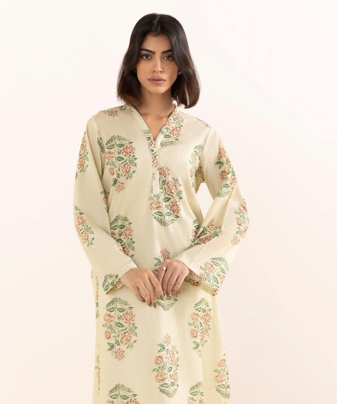 Women's RTW Lawn Beige Printed A-Line Shirt