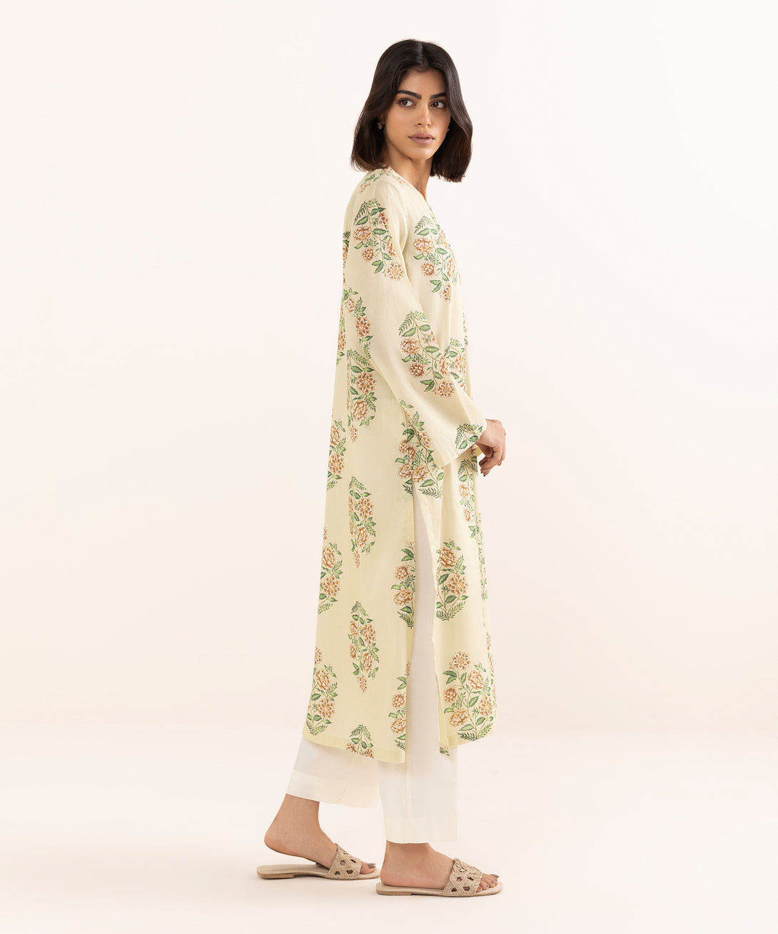 Women's RTW Lawn Beige Printed A-Line Shirt