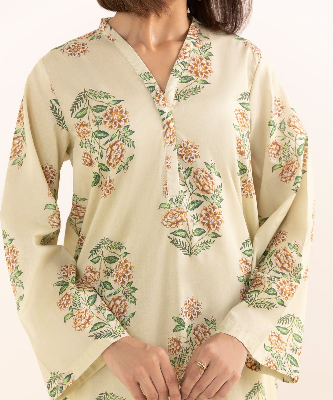 Women's RTW Lawn Beige Printed A-Line Shirt