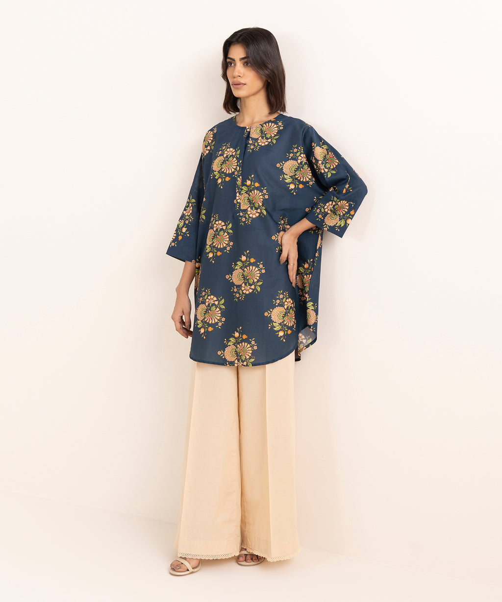 Women's RTW Lawn Blue Printed Drop Shoulder Shirt