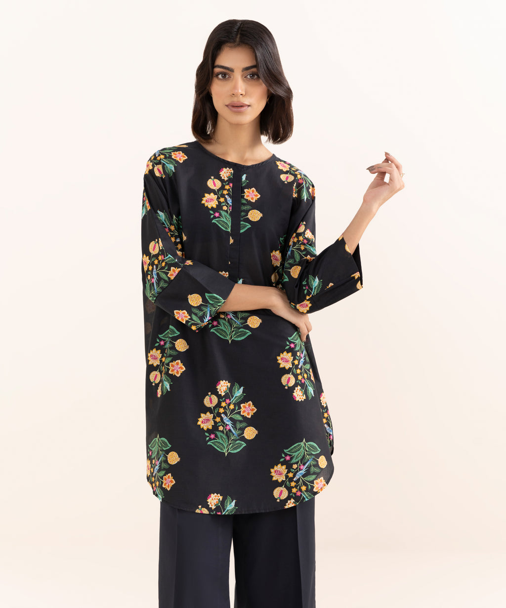 Women's RTW Lawn Black Printed Drop Shoulder Shirt