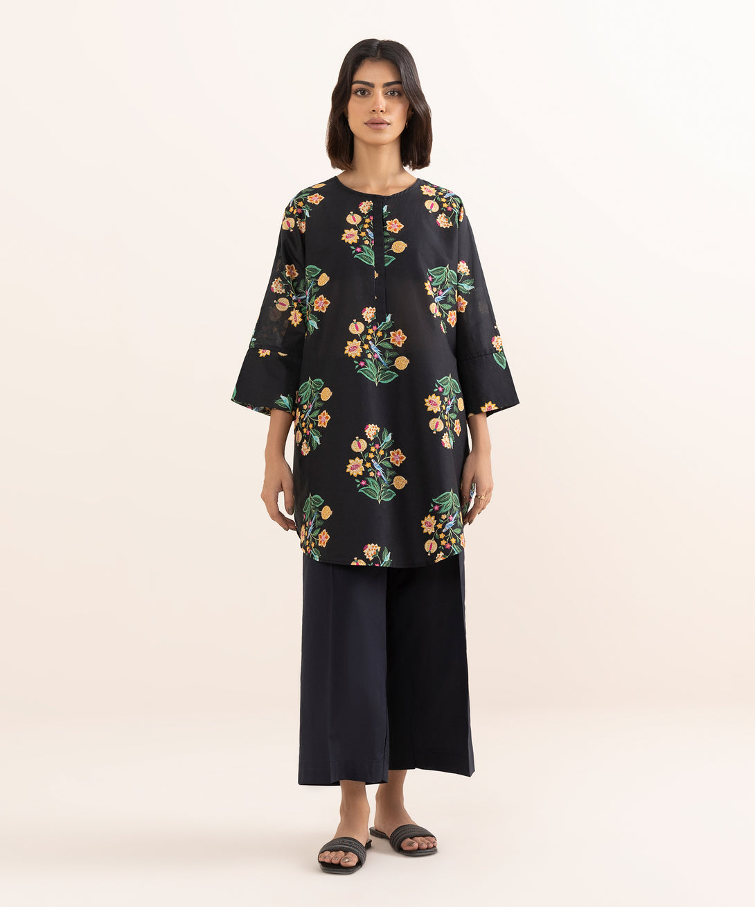 Women's RTW Lawn Black Printed Drop Shoulder Shirt